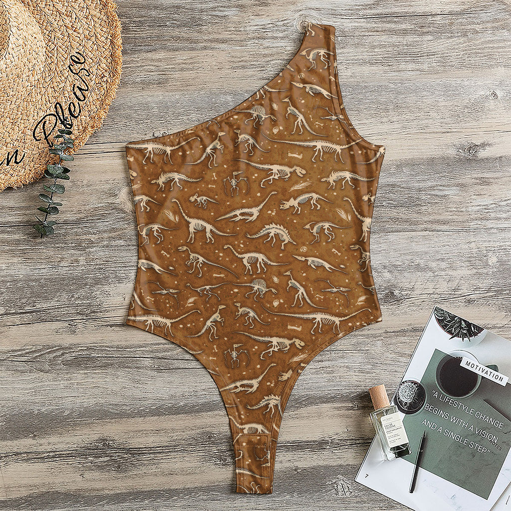 Dino Skeleton Fossil Pattern Print One Shoulder Bodysuit
