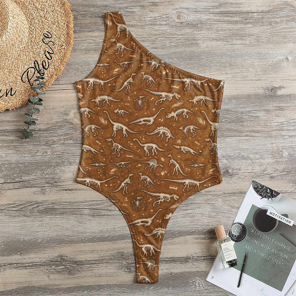 Dino Skeleton Fossil Pattern Print One Shoulder Bodysuit