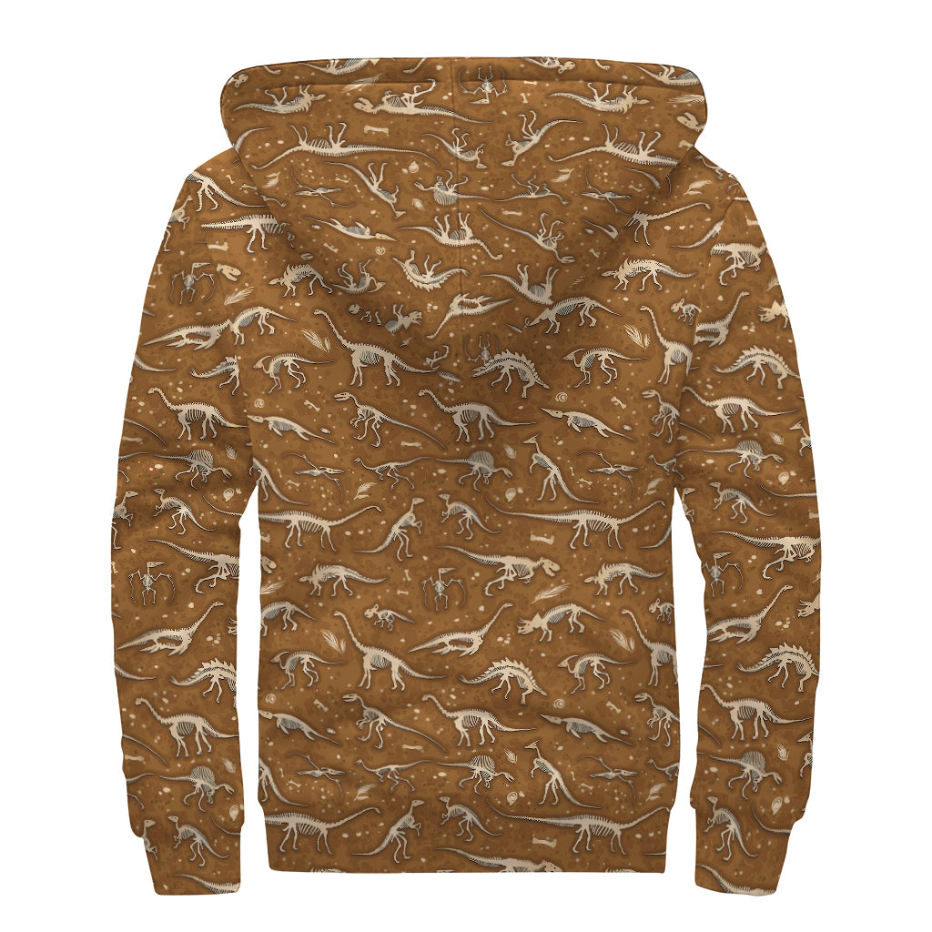 Dino Skeleton Fossil Pattern Print Sherpa Lined Zip Up Hoodie