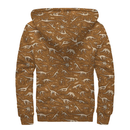 Dino Skeleton Fossil Pattern Print Sherpa Lined Zip Up Hoodie