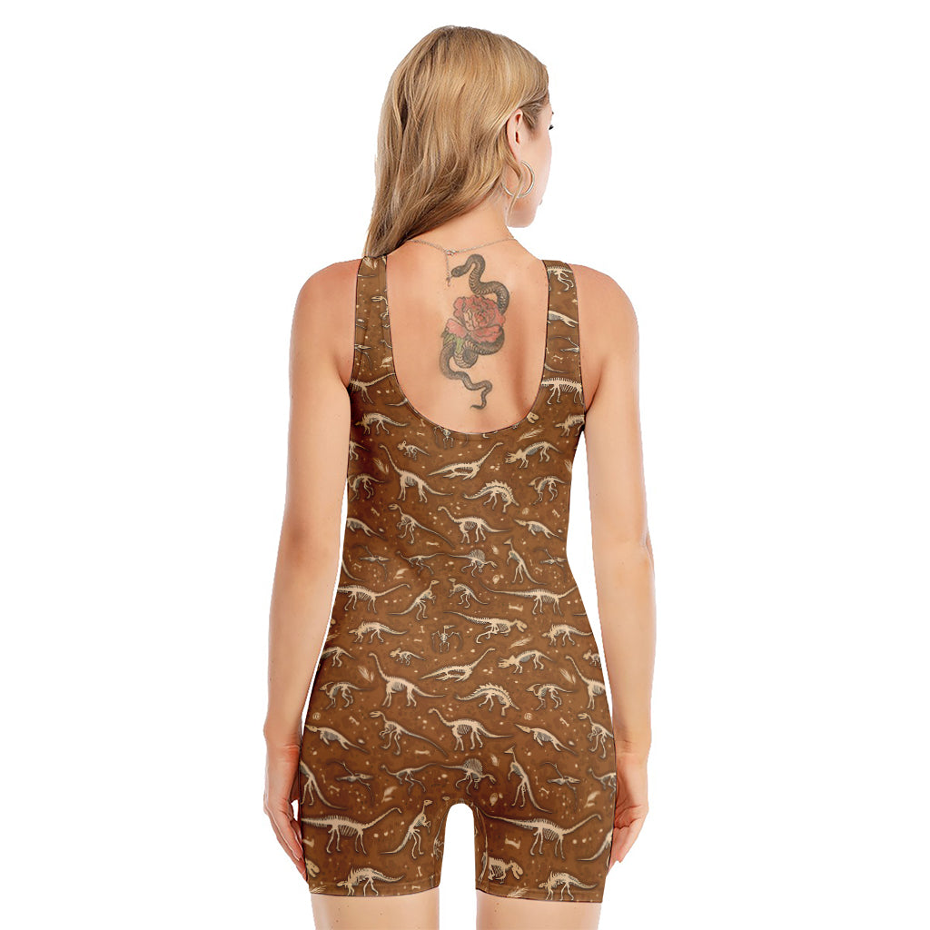 Dino Skeleton Fossil Pattern Print Sleeveless One Piece Swimsuit