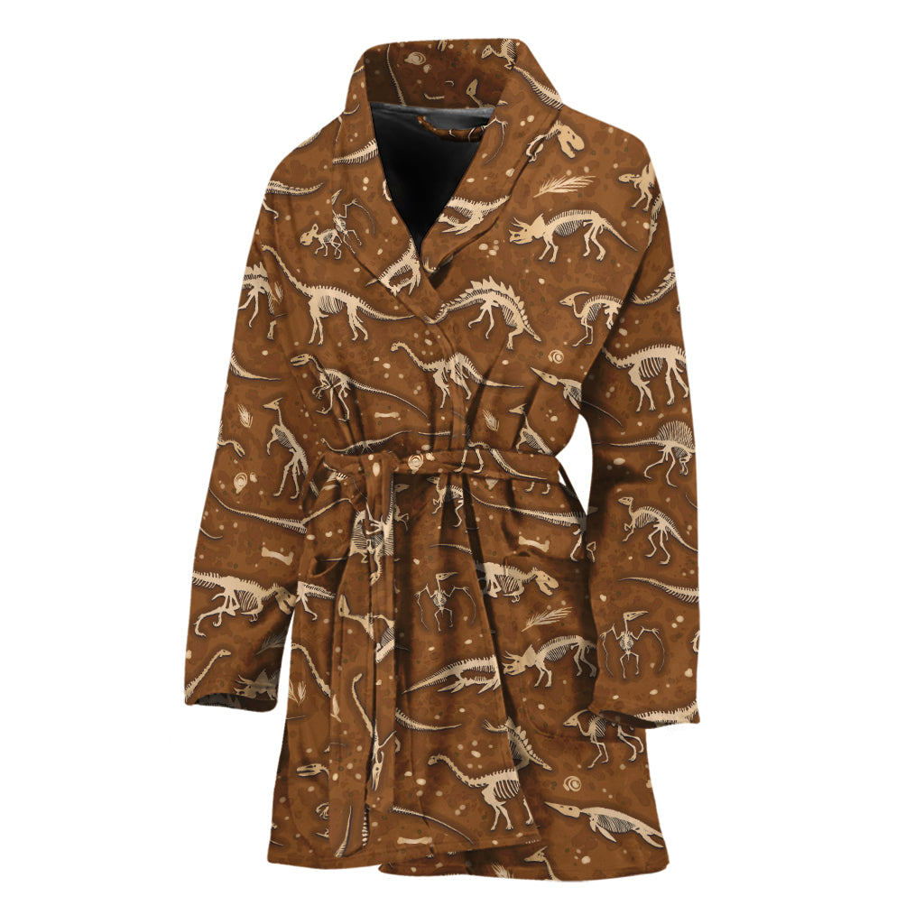 Dino Skeleton Fossil Pattern Print Women's Bathrobe