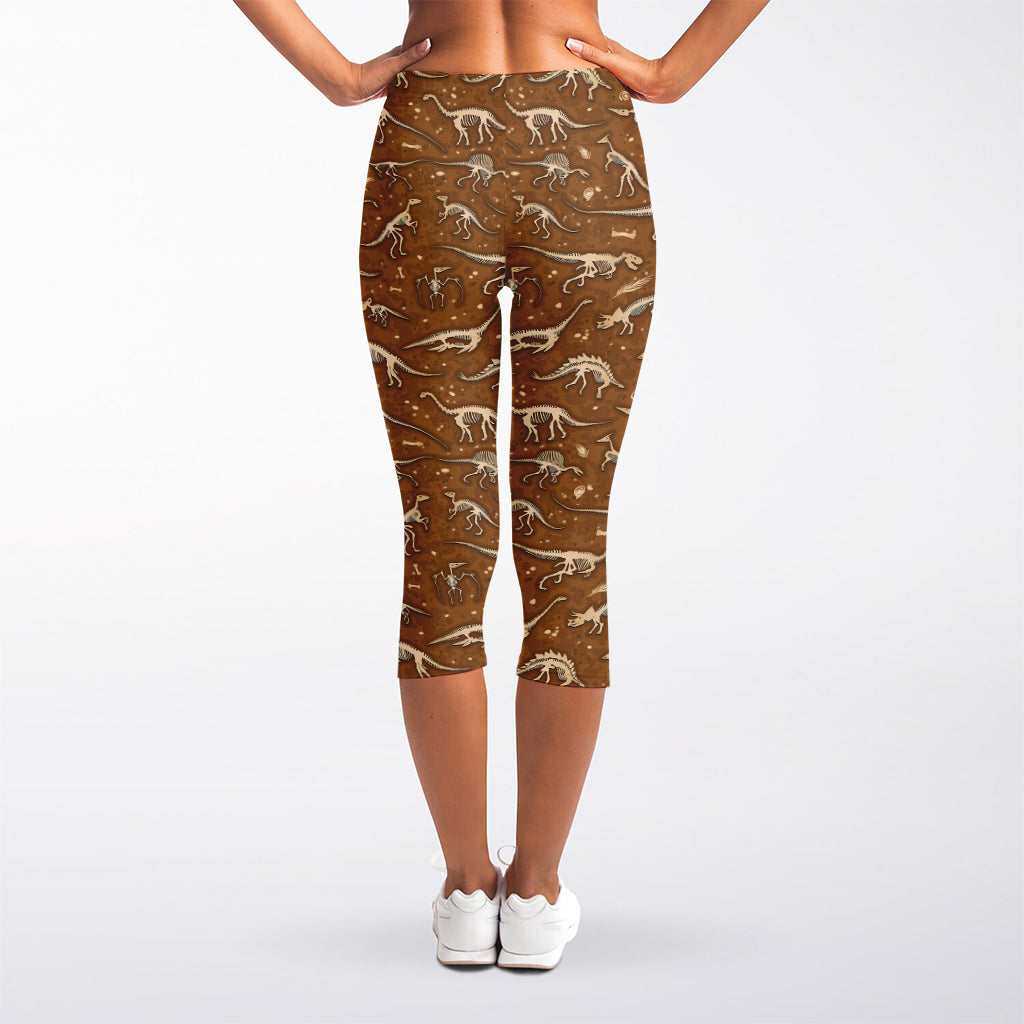 Dino Skeleton Fossil Pattern Print Women's Capri Leggings