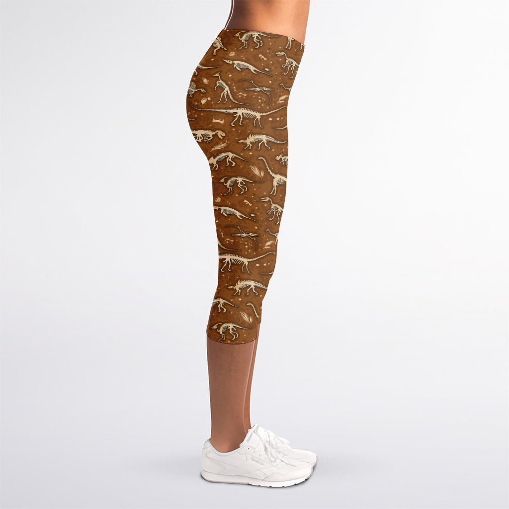Dino Skeleton Fossil Pattern Print Women's Capri Leggings