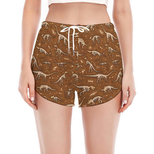 Dino Skeleton Fossil Pattern Print Women's Split Running Shorts