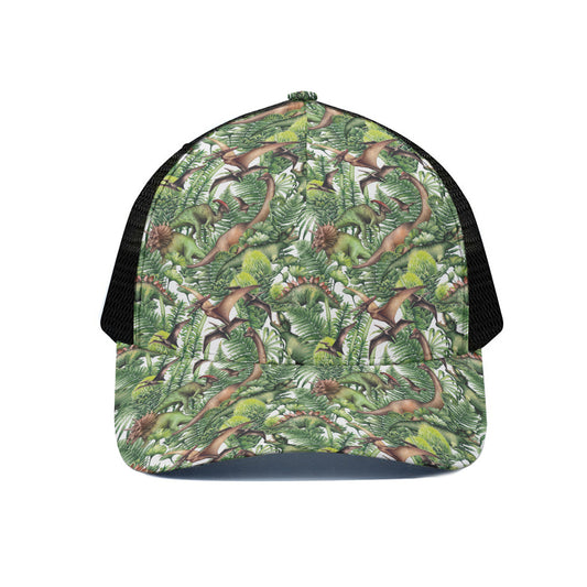 Dinosaur And Prehistoric Plants Print Black Mesh Trucker Cap