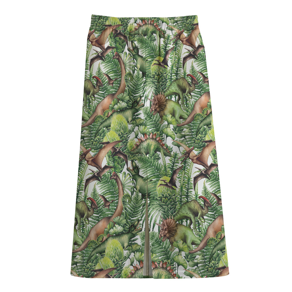 Dinosaur And Prehistoric Plants Print Cotton Front Slit Maxi Skirt
