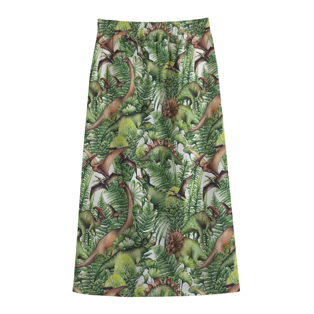 Dinosaur And Prehistoric Plants Print Cotton Front Slit Maxi Skirt