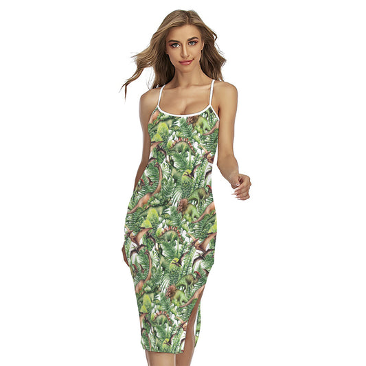 Dinosaur And Prehistoric Plants Print Cross Back Cami Dress