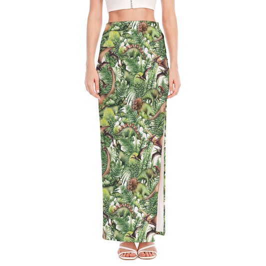 Dinosaur And Prehistoric Plants Print High Slit Maxi Skirt