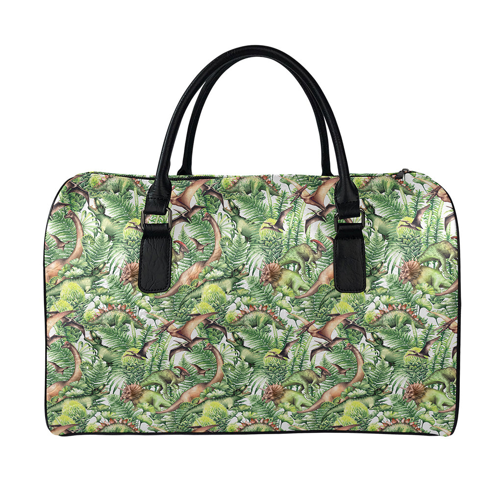Dinosaur And Prehistoric Plants Print Leather Duffle Bag