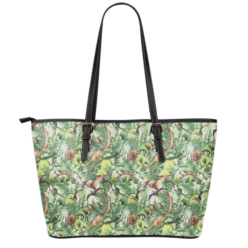 Dinosaur And Prehistoric Plants Print Leather Tote Bag