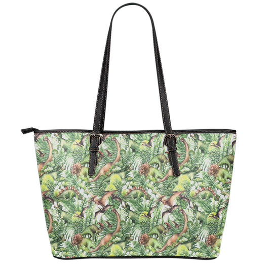 Dinosaur And Prehistoric Plants Print Leather Tote Bag
