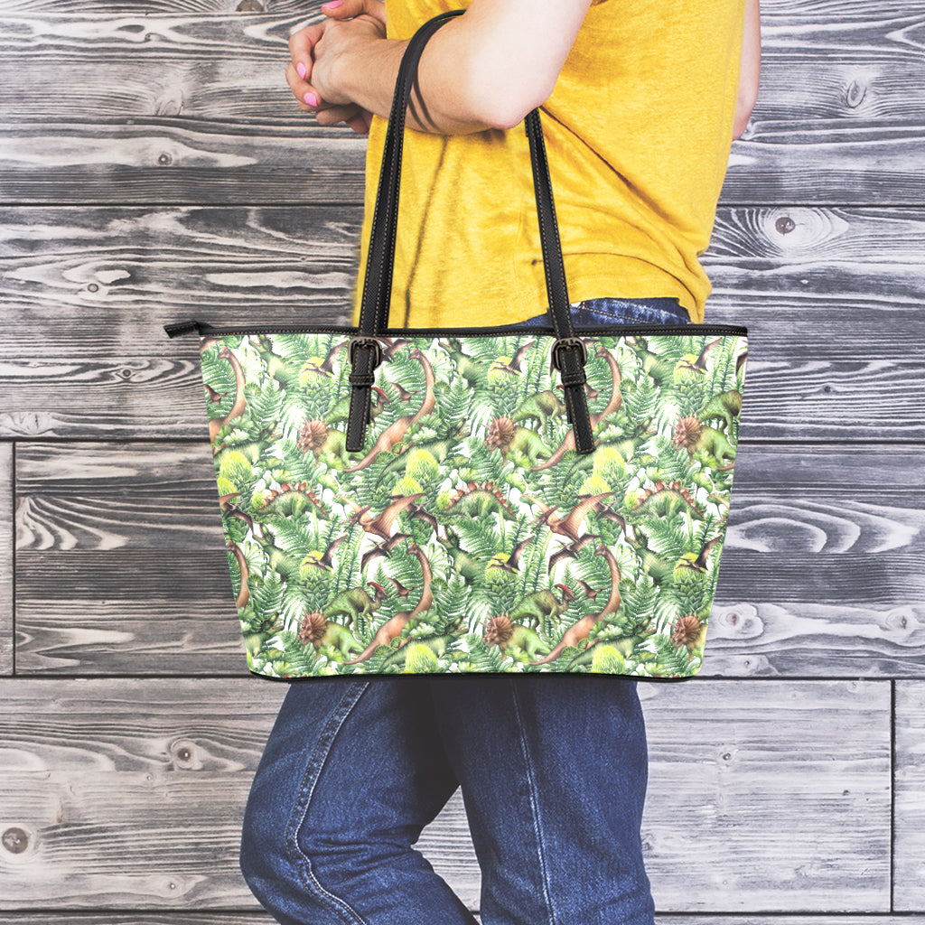 Dinosaur And Prehistoric Plants Print Leather Tote Bag