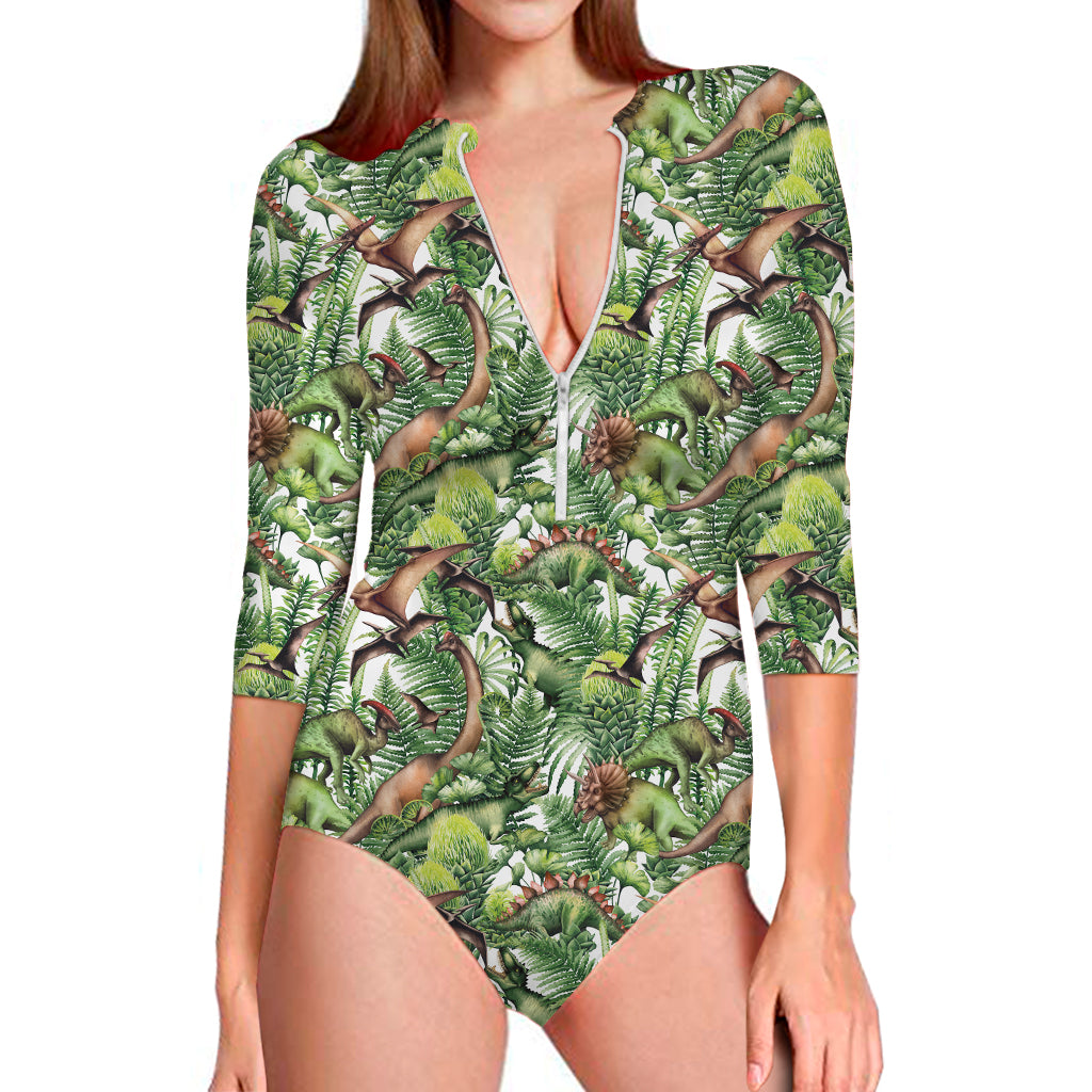 Dinosaur And Prehistoric Plants Print Long Sleeve Swimsuit