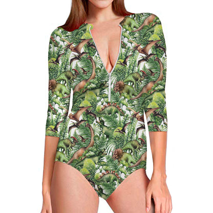 Dinosaur And Prehistoric Plants Print Long Sleeve Swimsuit
