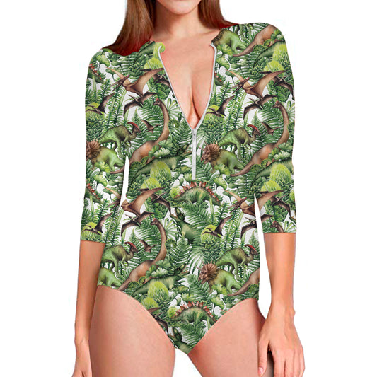 Dinosaur And Prehistoric Plants Print Long Sleeve Swimsuit