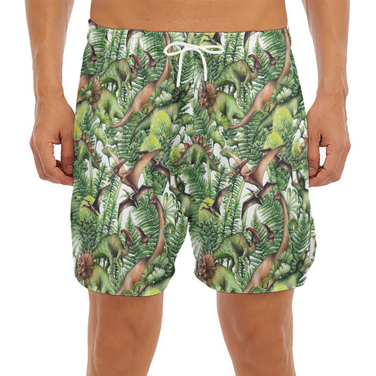 Dinosaur And Prehistoric Plants Print Men's Split Running Shorts