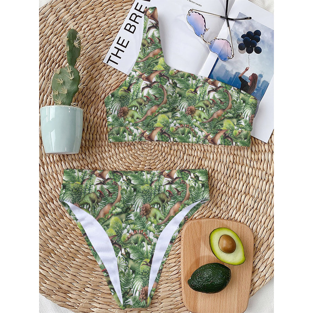 Dinosaur And Prehistoric Plants Print One Shoulder Bikini Top