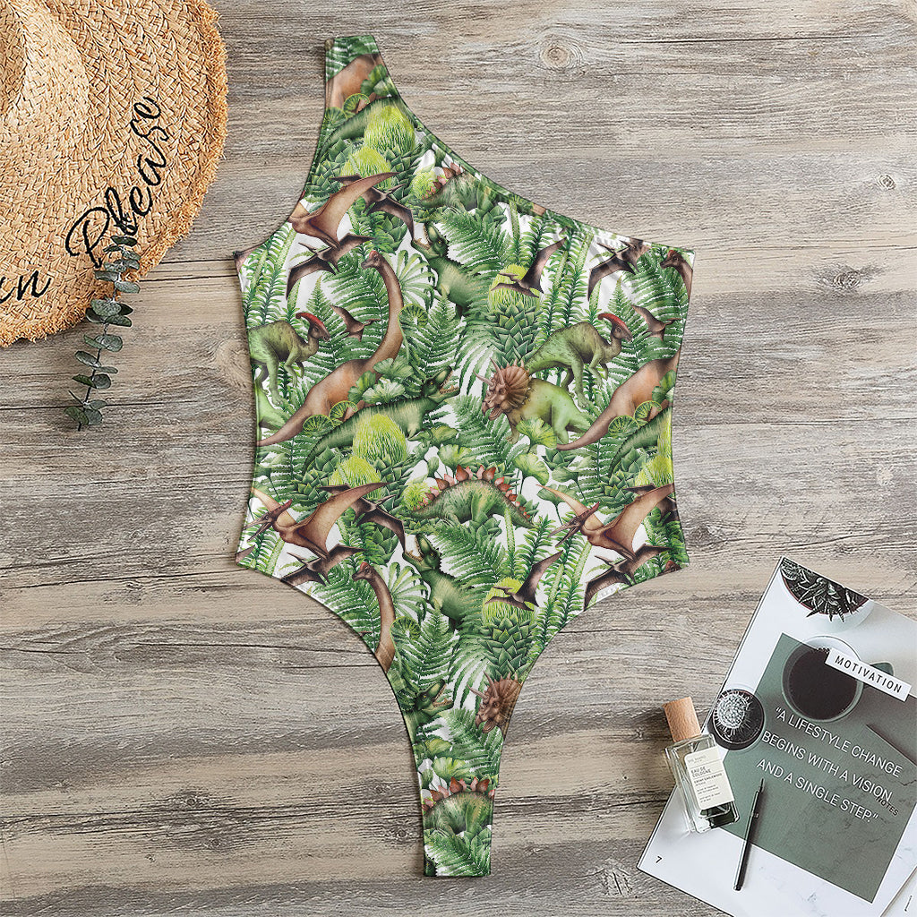 Dinosaur And Prehistoric Plants Print One Shoulder Bodysuit
