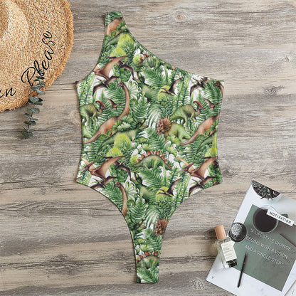 Dinosaur And Prehistoric Plants Print One Shoulder Bodysuit