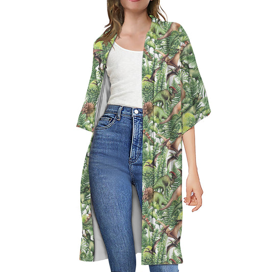 Dinosaur And Prehistoric Plants Print Open Front Beach Cover Up