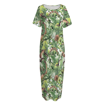 Dinosaur And Prehistoric Plants Print Short Sleeve Long Nightdress