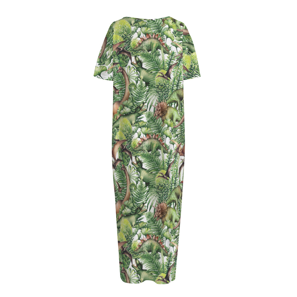 Dinosaur And Prehistoric Plants Print Short Sleeve Long Nightdress