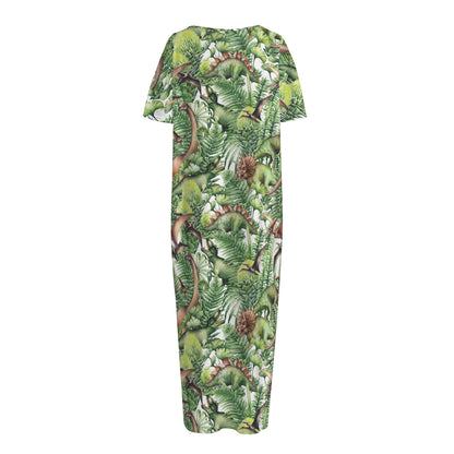 Dinosaur And Prehistoric Plants Print Short Sleeve Long Nightdress