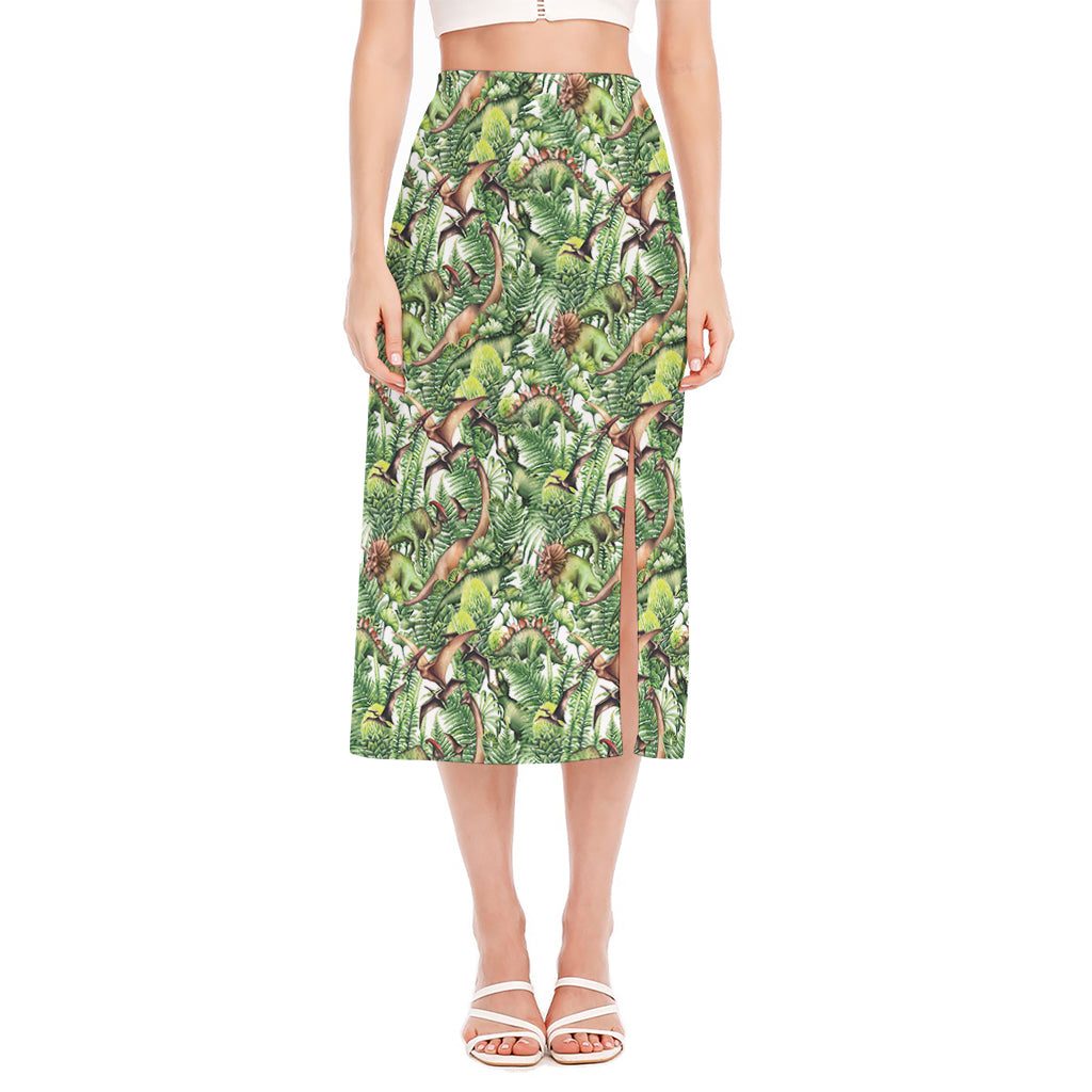 Dinosaur And Prehistoric Plants Print Side Slit Midi Skirt