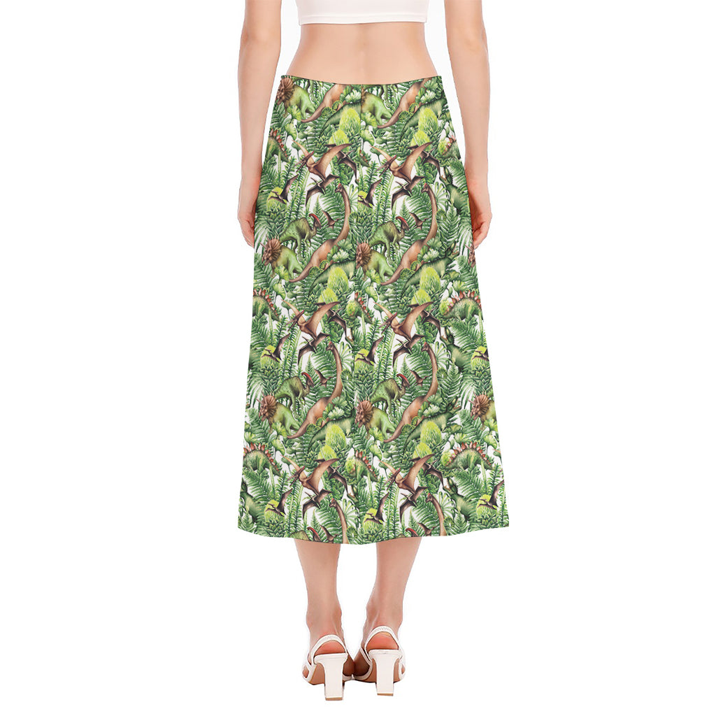 Dinosaur And Prehistoric Plants Print Side Slit Midi Skirt