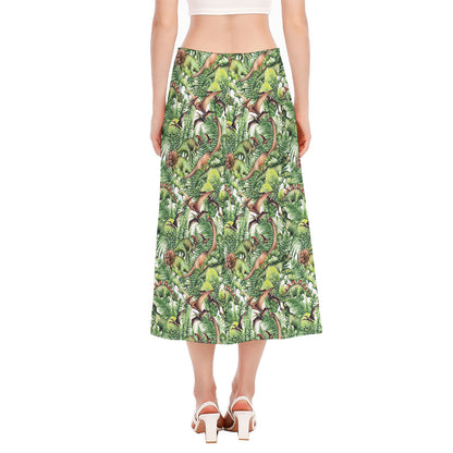 Dinosaur And Prehistoric Plants Print Side Slit Midi Skirt