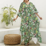 Dinosaur And Prehistoric Plants Print Silk V-Neck Kaftan Dress