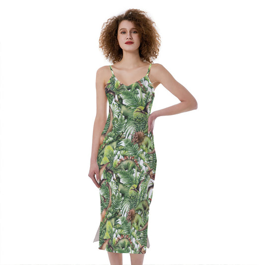 Dinosaur And Prehistoric Plants Print Slim Fit Midi Cami Dress