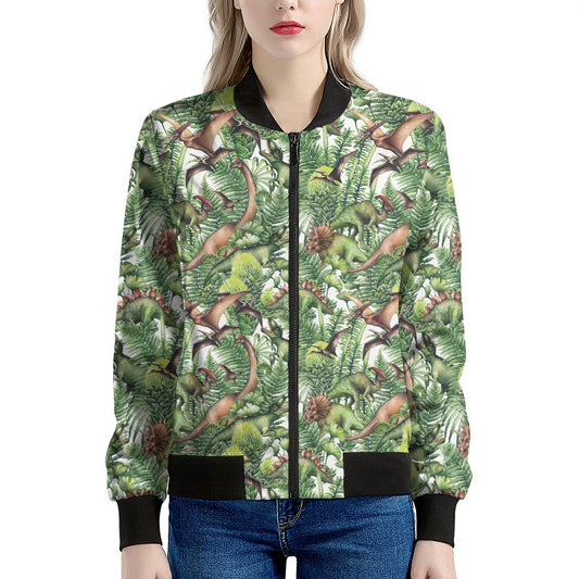 Dinosaur And Prehistoric Plants Print Women's Bomber Jacket