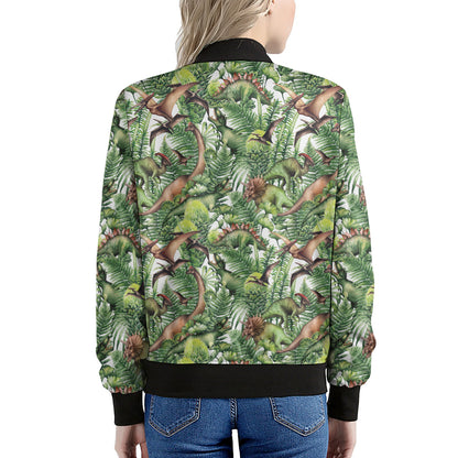 Dinosaur And Prehistoric Plants Print Women's Bomber Jacket