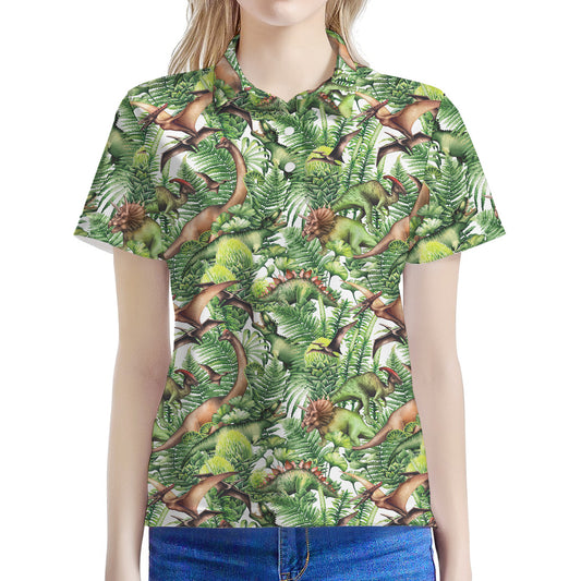 Dinosaur And Prehistoric Plants Print Women's Polo Shirt