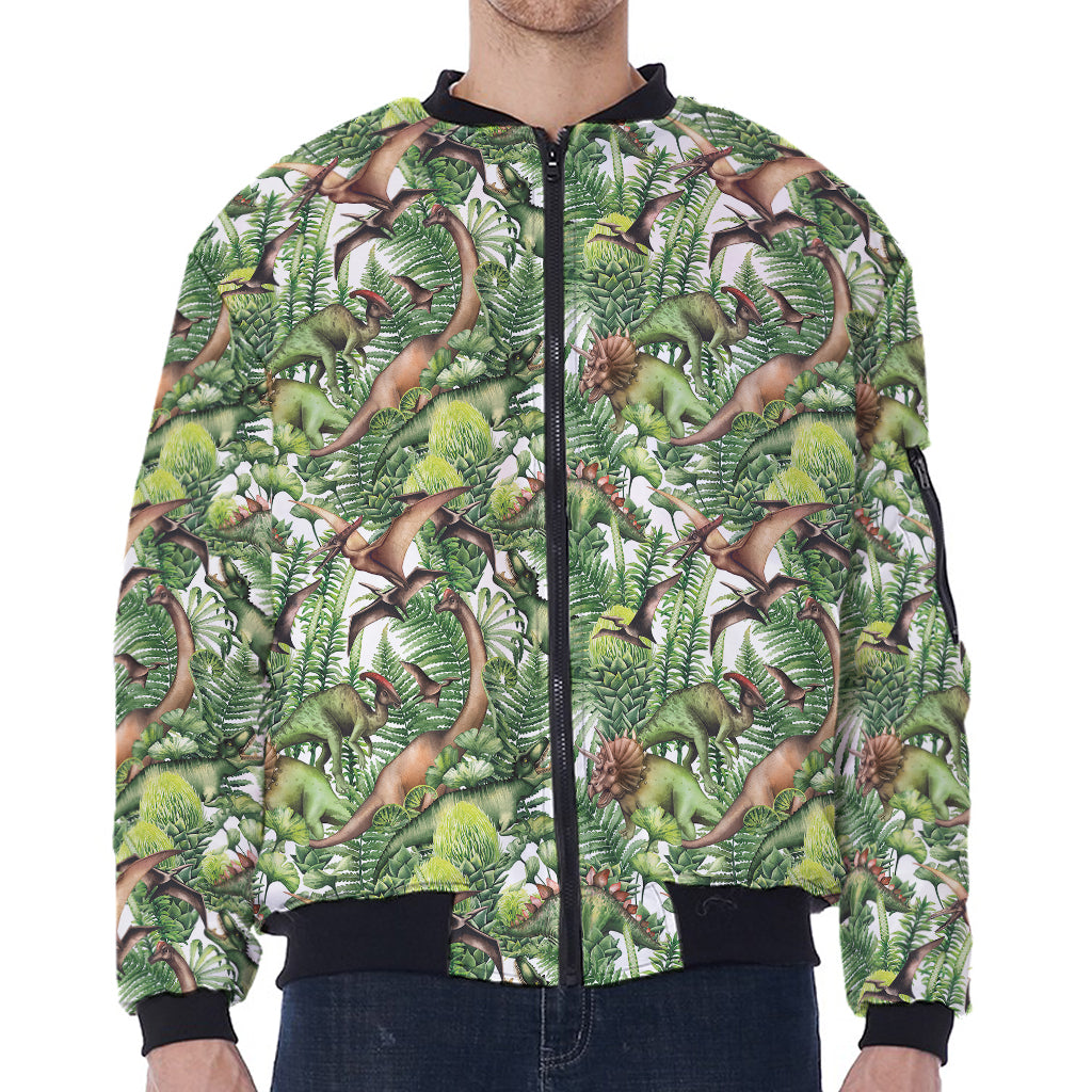 Dinosaur And Prehistoric Plants Print Zip Sleeve Bomber Jacket