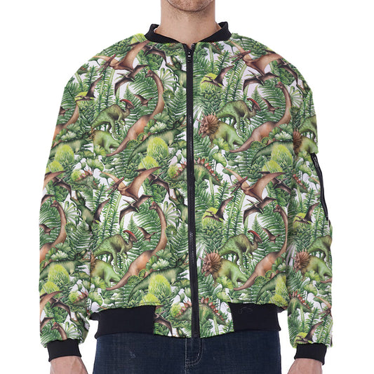 Dinosaur And Prehistoric Plants Print Zip Sleeve Bomber Jacket