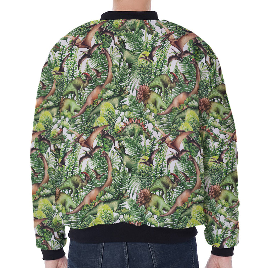 Dinosaur And Prehistoric Plants Print Zip Sleeve Bomber Jacket