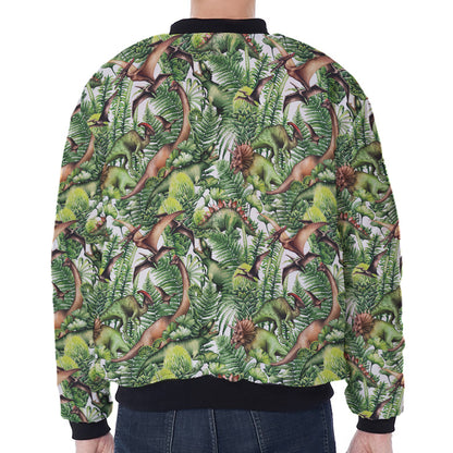 Dinosaur And Prehistoric Plants Print Zip Sleeve Bomber Jacket