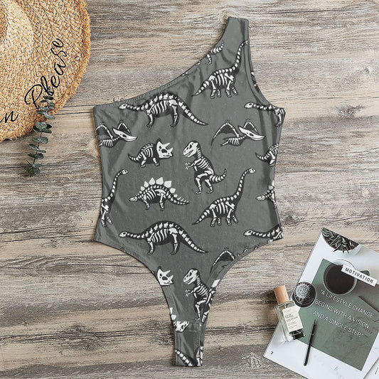 Dinosaur Fossil Pattern Print One Shoulder Bodysuit