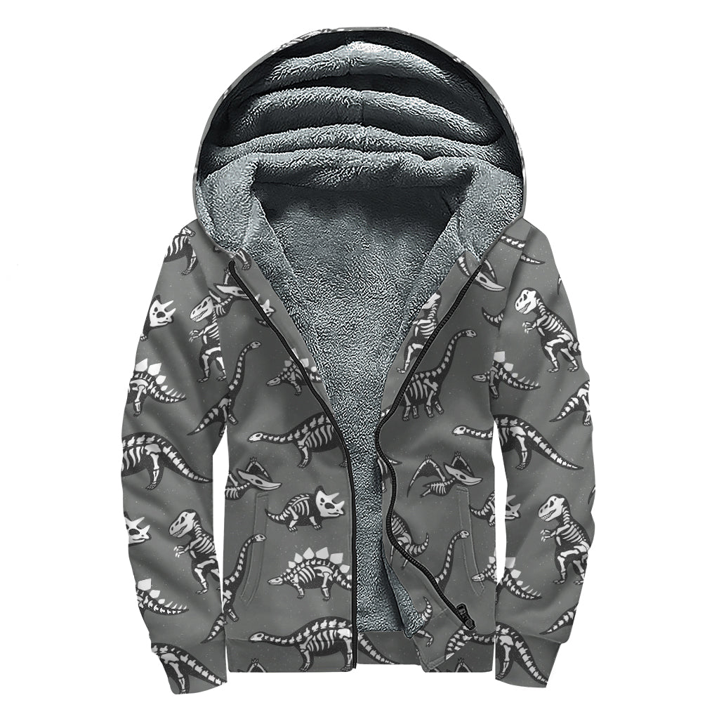 Dinosaur Fossil Pattern Print Sherpa Lined Zip Up Hoodie
