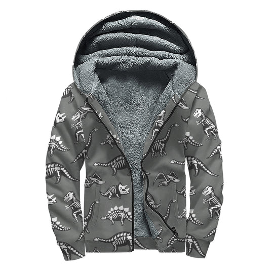 Dinosaur Fossil Pattern Print Sherpa Lined Zip Up Hoodie