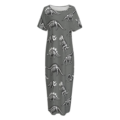 Dinosaur Fossil Pattern Print Short Sleeve Long Nightdress