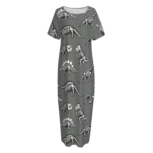 Dinosaur Fossil Pattern Print Short Sleeve Long Nightdress
