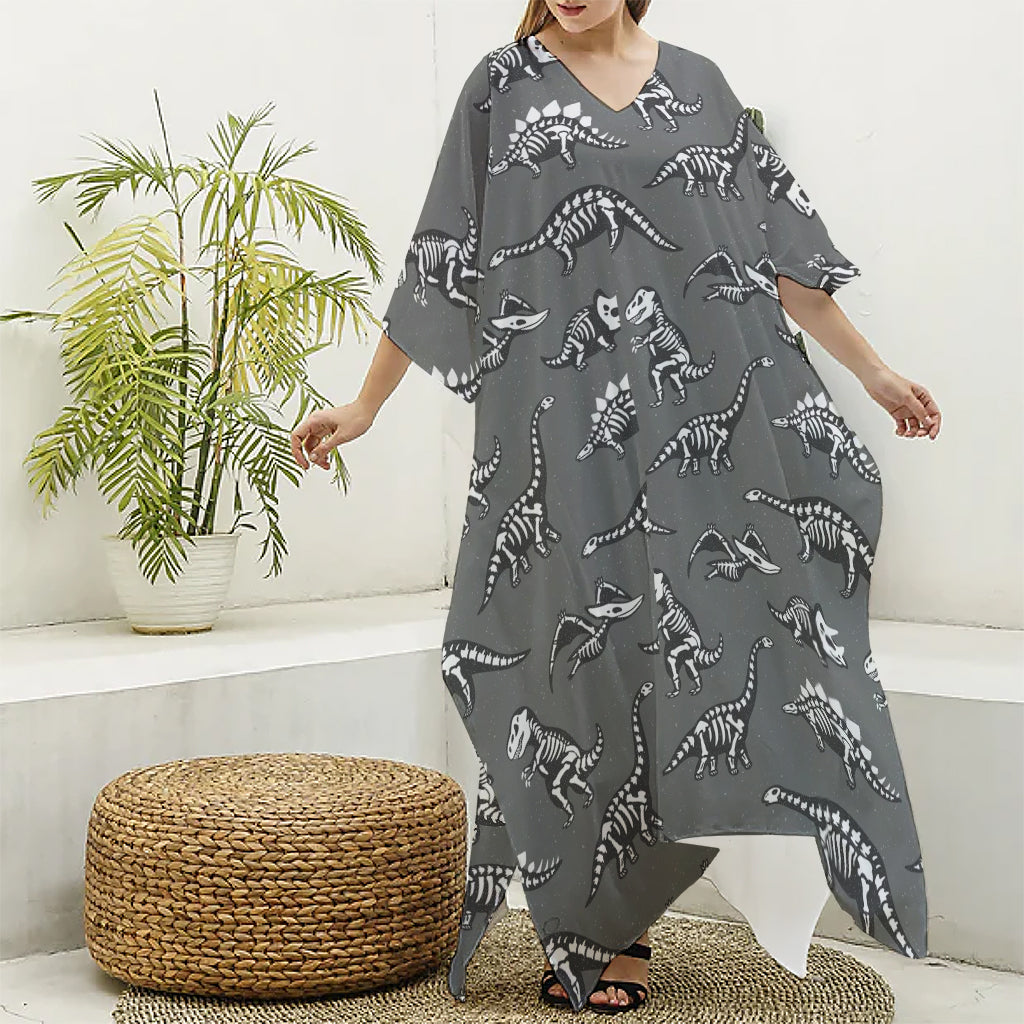 Dinosaur Fossil Pattern Print Silk V-Neck Kaftan Dress