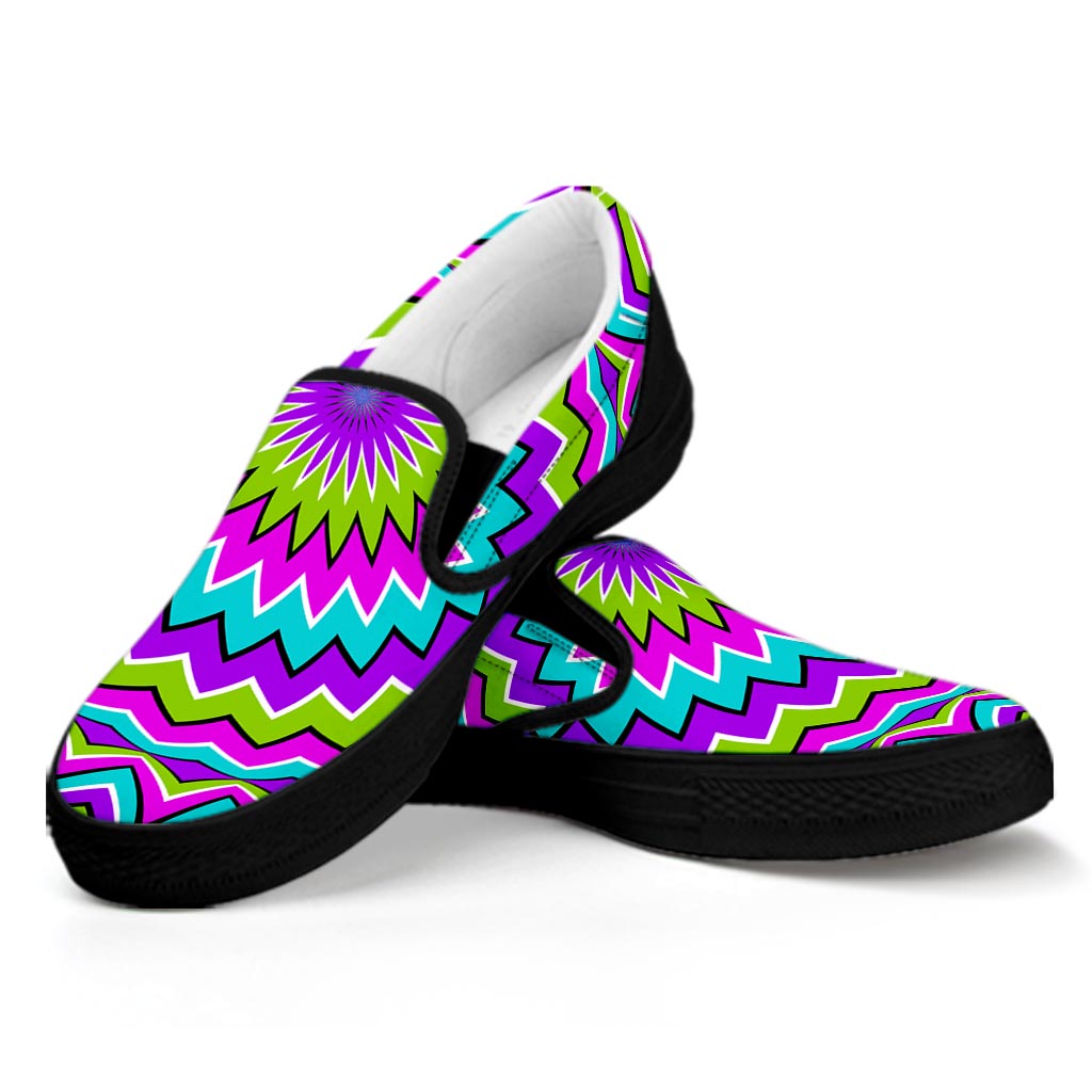Dizzy Circle Moving Optical Illusion Black Slip On Sneakers