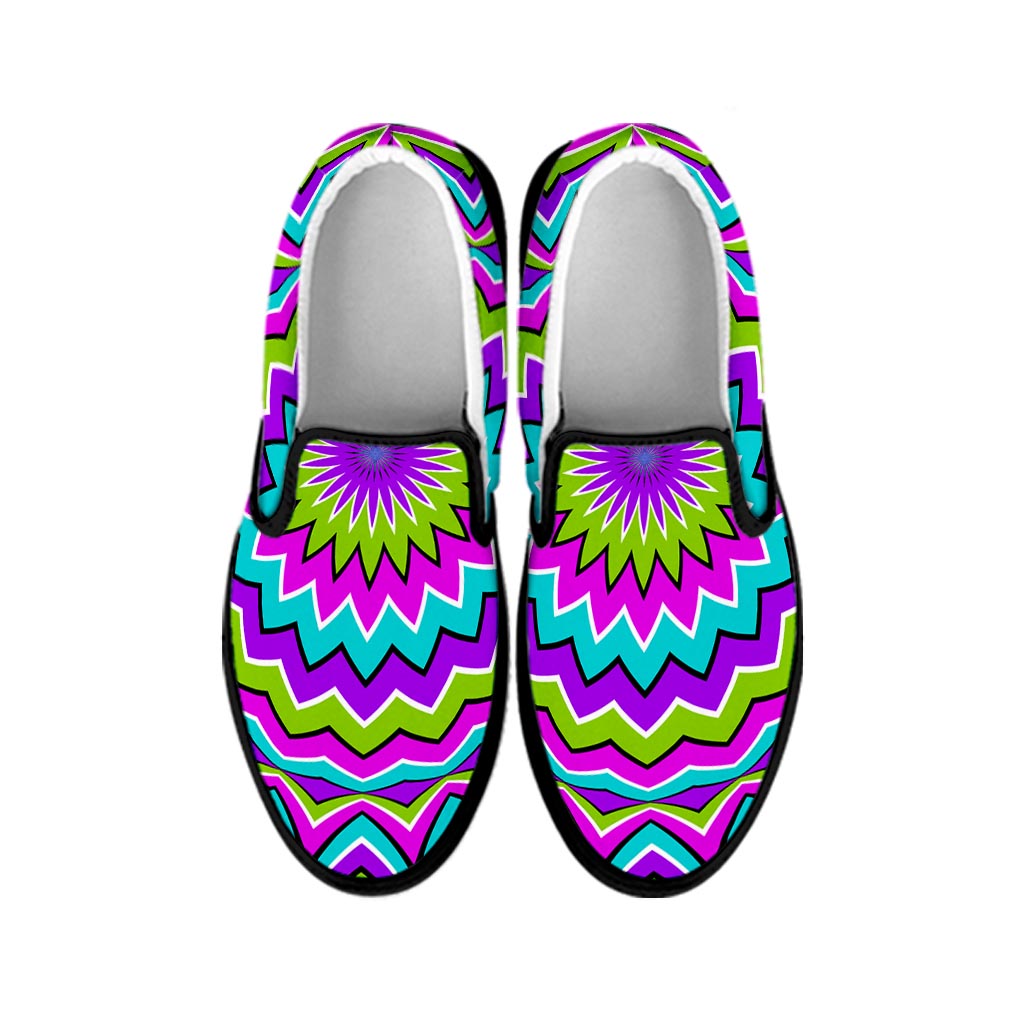 Dizzy Circle Moving Optical Illusion Black Slip On Sneakers