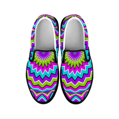 Dizzy Circle Moving Optical Illusion Black Slip On Sneakers
